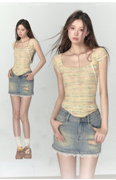 Pink & Yellow & Black Fitted Plaid Square Neck Top - CHINASQUAD