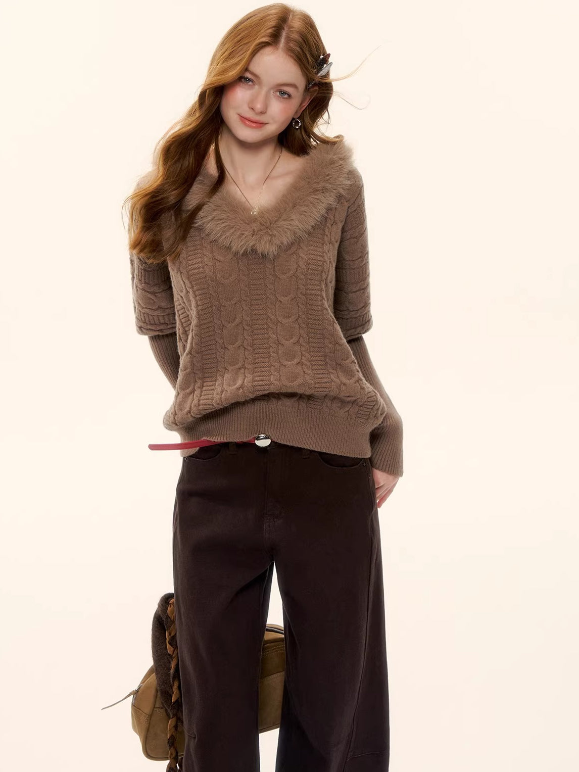 Cable-Knit V-Neck Waist-Shaping Sweater