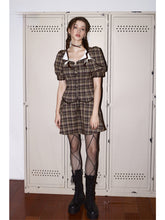 Peter Pan Collar Lace Plaid Bubble Sleeve Dress - CHINASQUAD