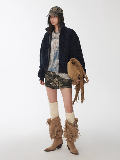 Distressed Fleece Zip-Up Cropped Jacket
