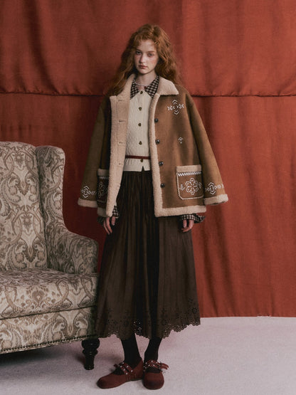Heavy Embroidered Faux Shearling Suede Jacket