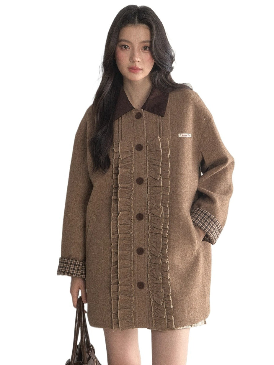Vintage Khaki Wool Blend Ruffle-Trim Coat