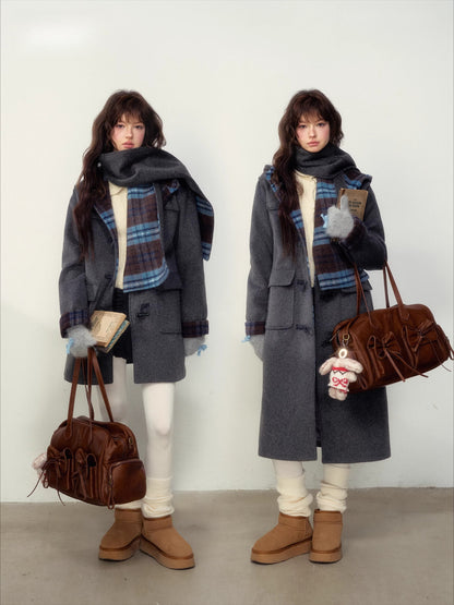 Pink Plaid Horn-buttoned Coat