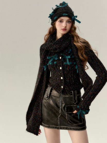 Bowknot Knit Cardigan &amp; Hat &amp; Scarf Set