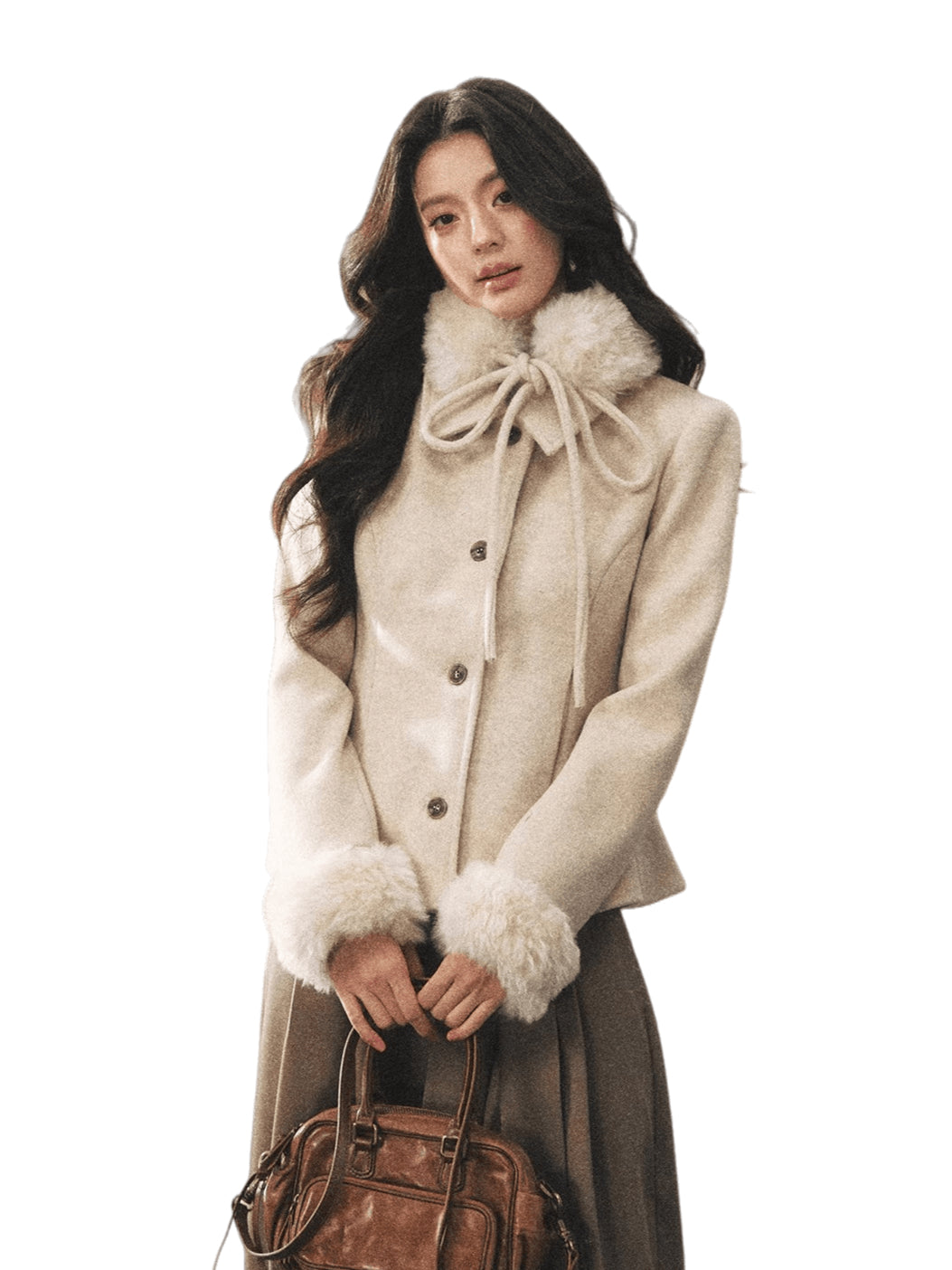 Detachable Fur-Collar Wool-Blend Jacket