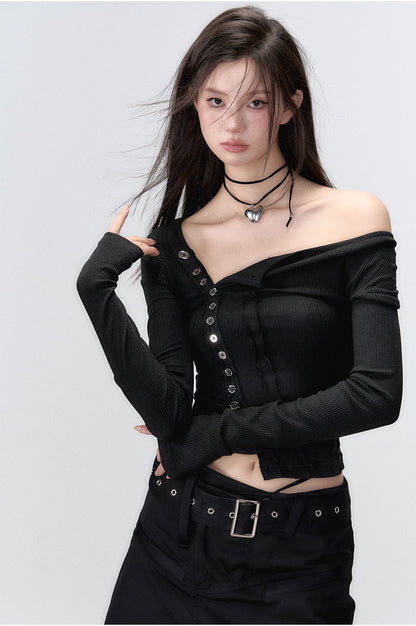 Black &amp; Brown Buttoned Off-shoulder T-Shirt