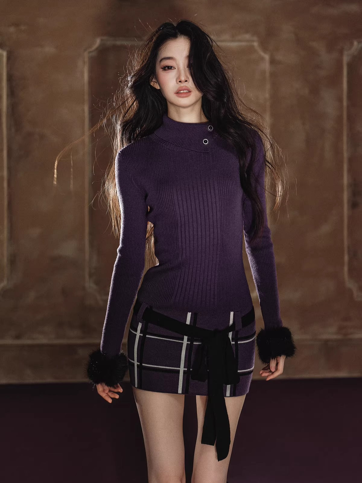 Faux-Fur Turtleneck Belted Slim-Fit Dress