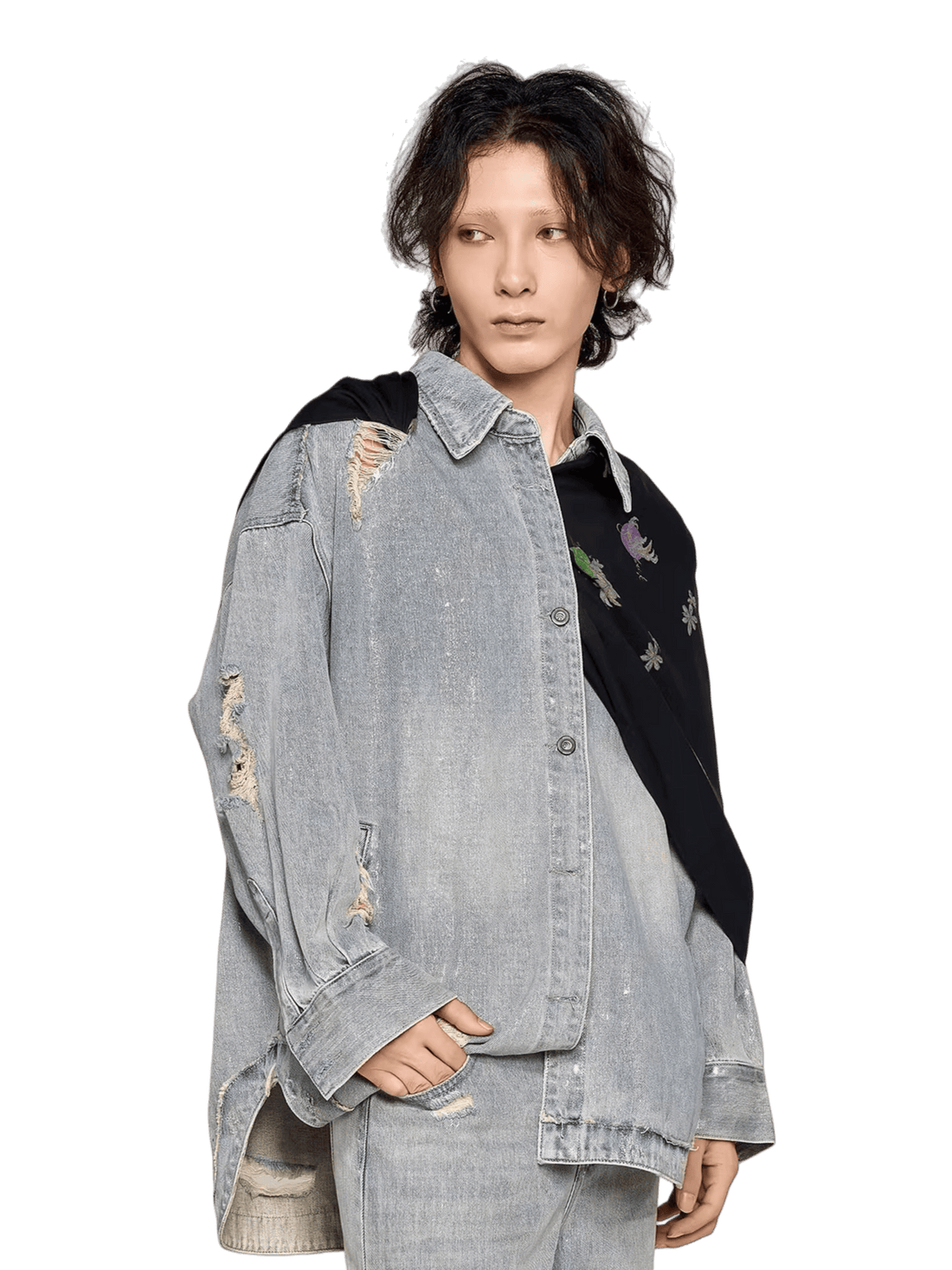 Silver-Foil Raw-Edge Oversized Denim Shirt