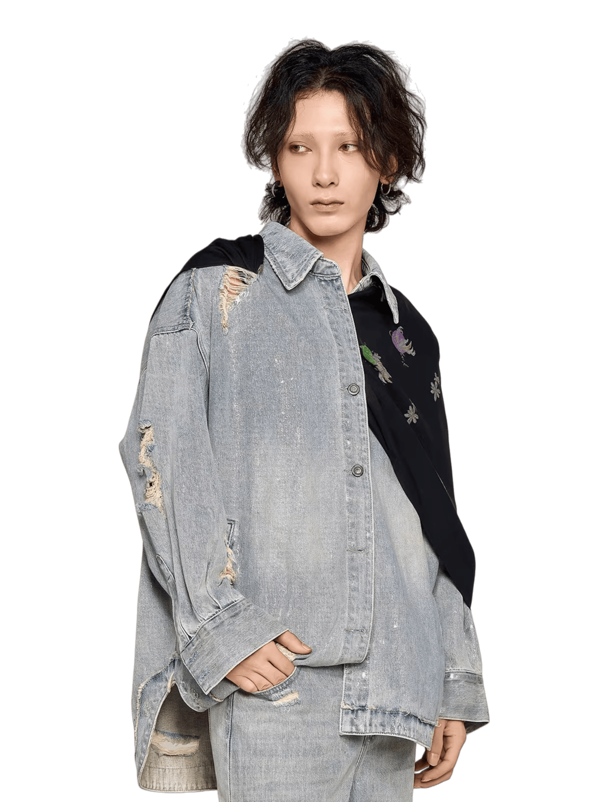 Silver-Foil Raw-Edge Oversized Denim Shirt