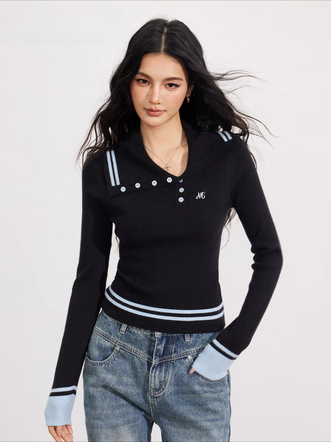 Sailor Collar Colorblock Knit V-neck
