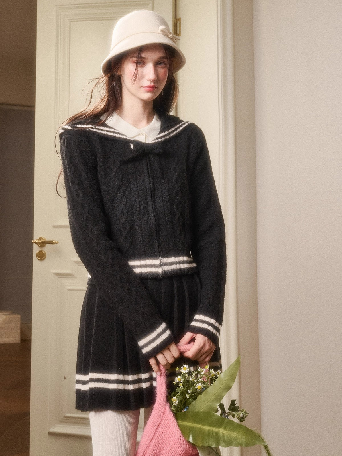 Memo Wool Cloud Knit Cardigan &amp; Pleated Skirt Set