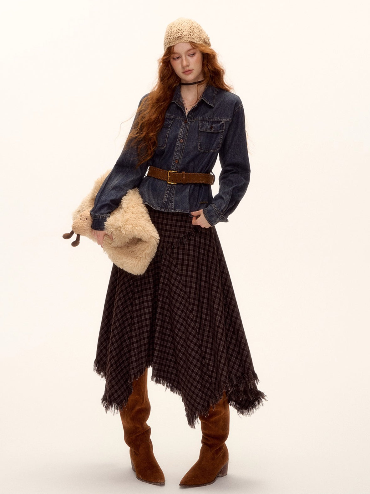 Frayed Hem Plaid Studded Belt Asymmetric A-Line Midi Skirt