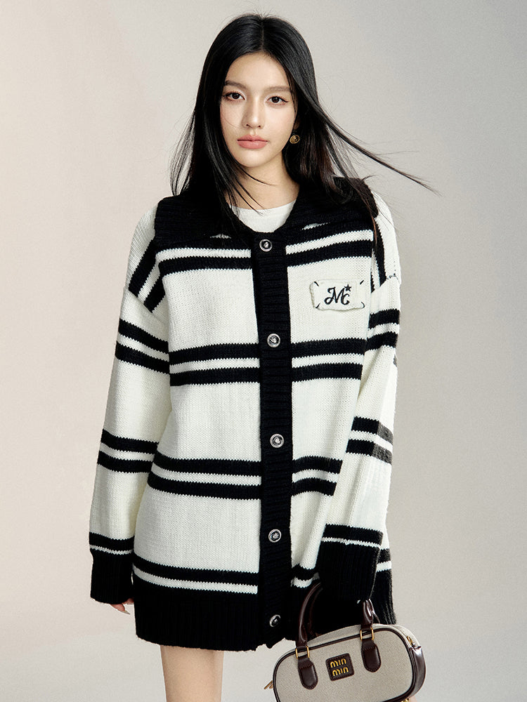 Black &amp; White Striped Oversized Sweater Cardigan