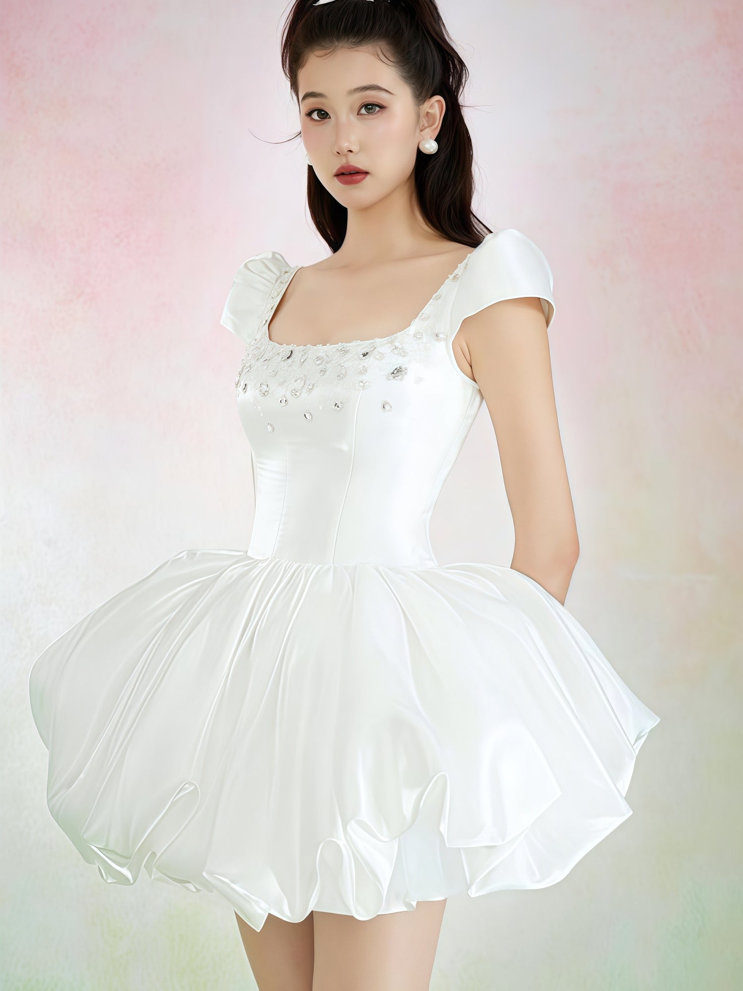 Ivory Embellished Square Neck Puff Mini Dress