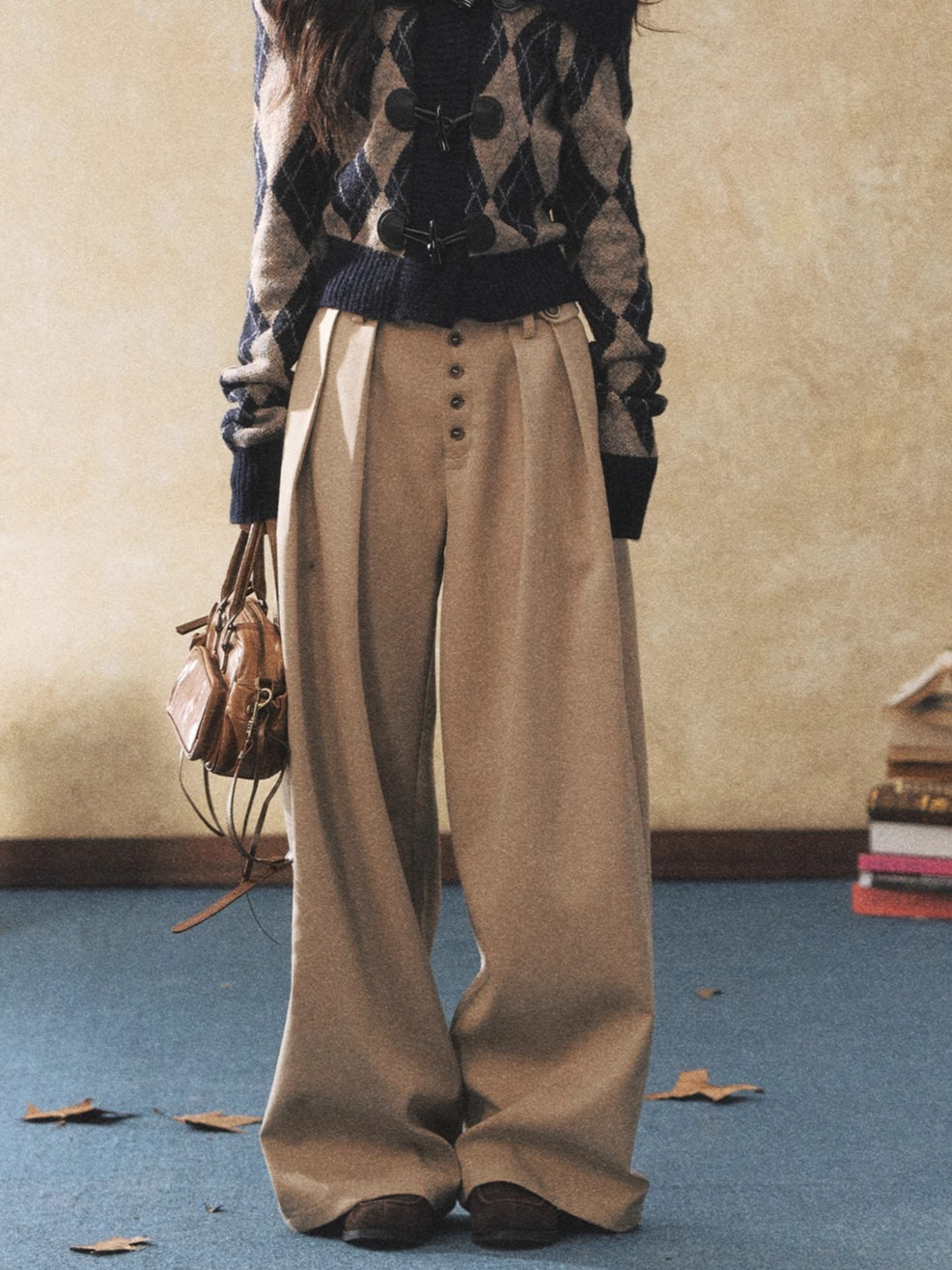 Khaki Relaxed Straight-Leg Wide Trousers