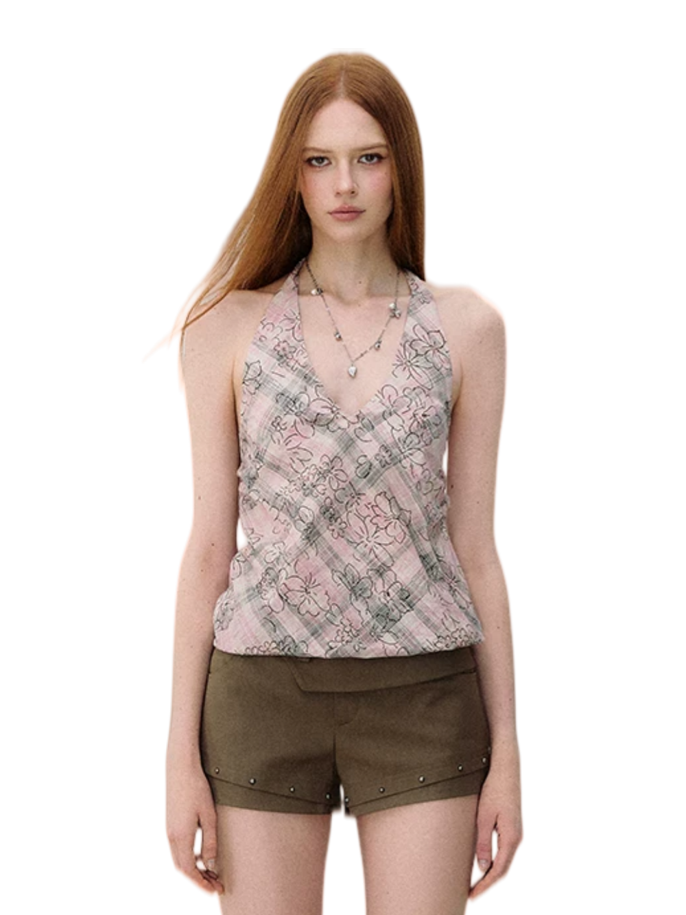 Vintage Floral Plaid Halter V-Neck Top