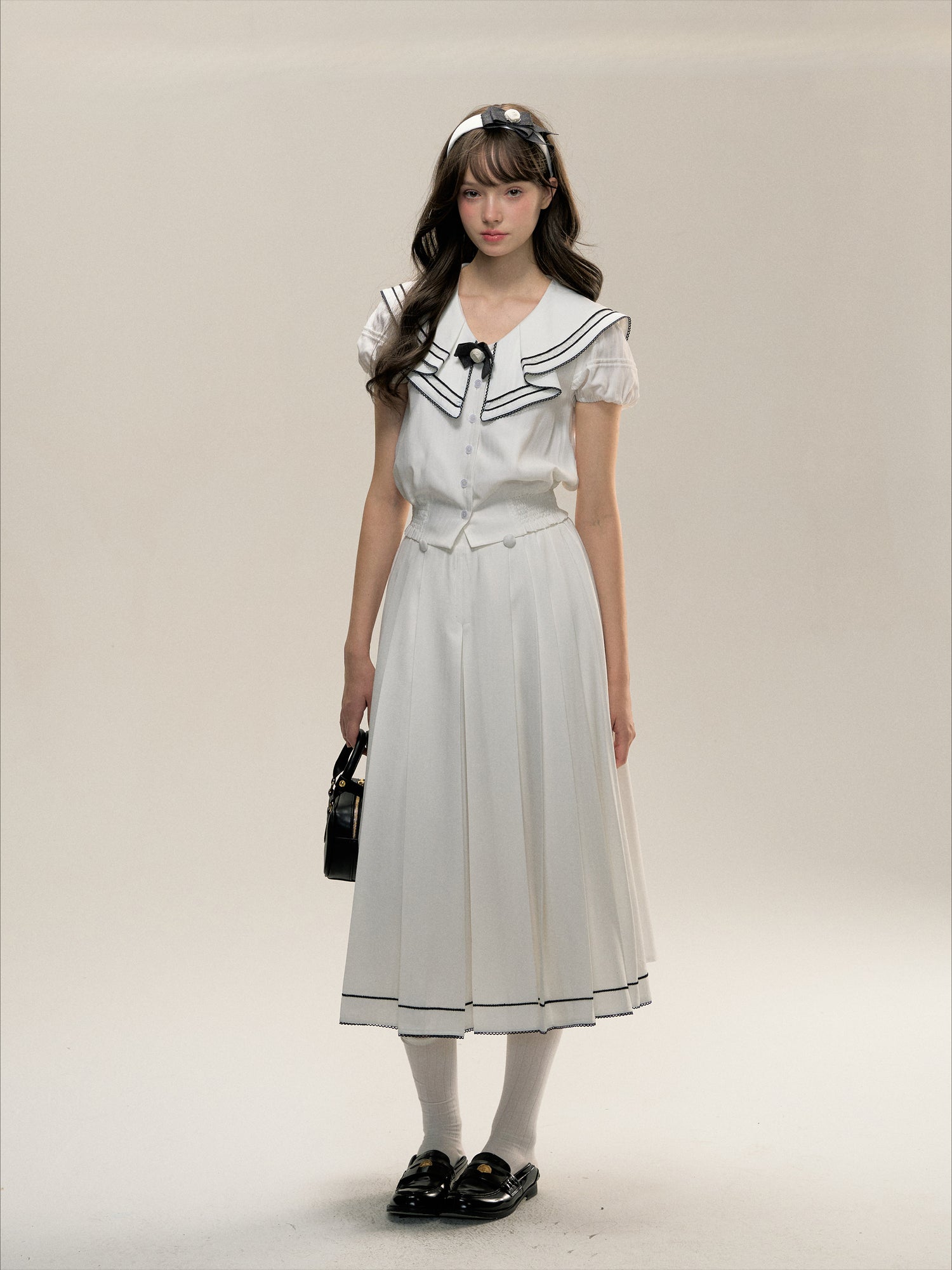 White Sweet Nautical-style Shirt &amp; Skirt Set