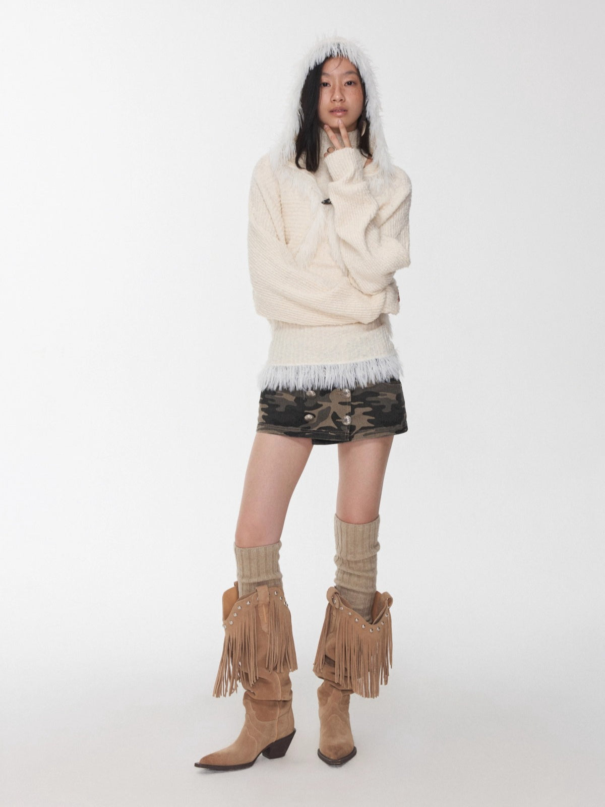 Fringe Knit Vest &amp; Hooded Sleeveless Set