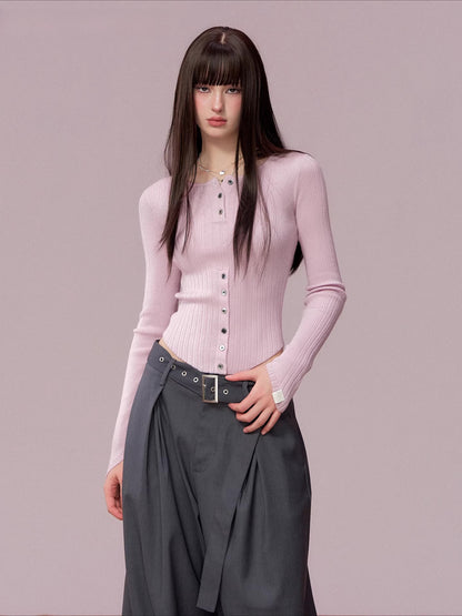 Ribbed Silk-Blend Buttoned Knit T-Shirt