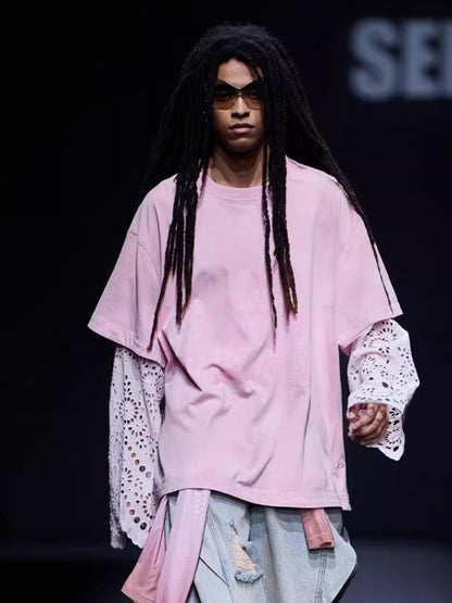 Lace-Panel Spray-Dyed Cotton T-Shirt