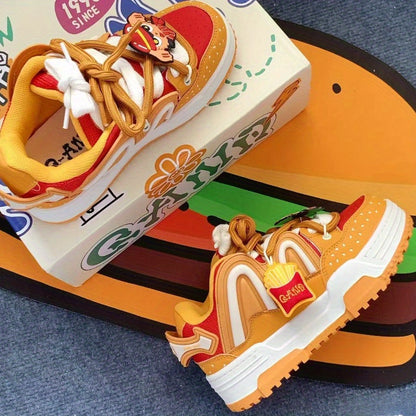 Orange Burger Embroidered Lettering Low-Top Skate Sneakers