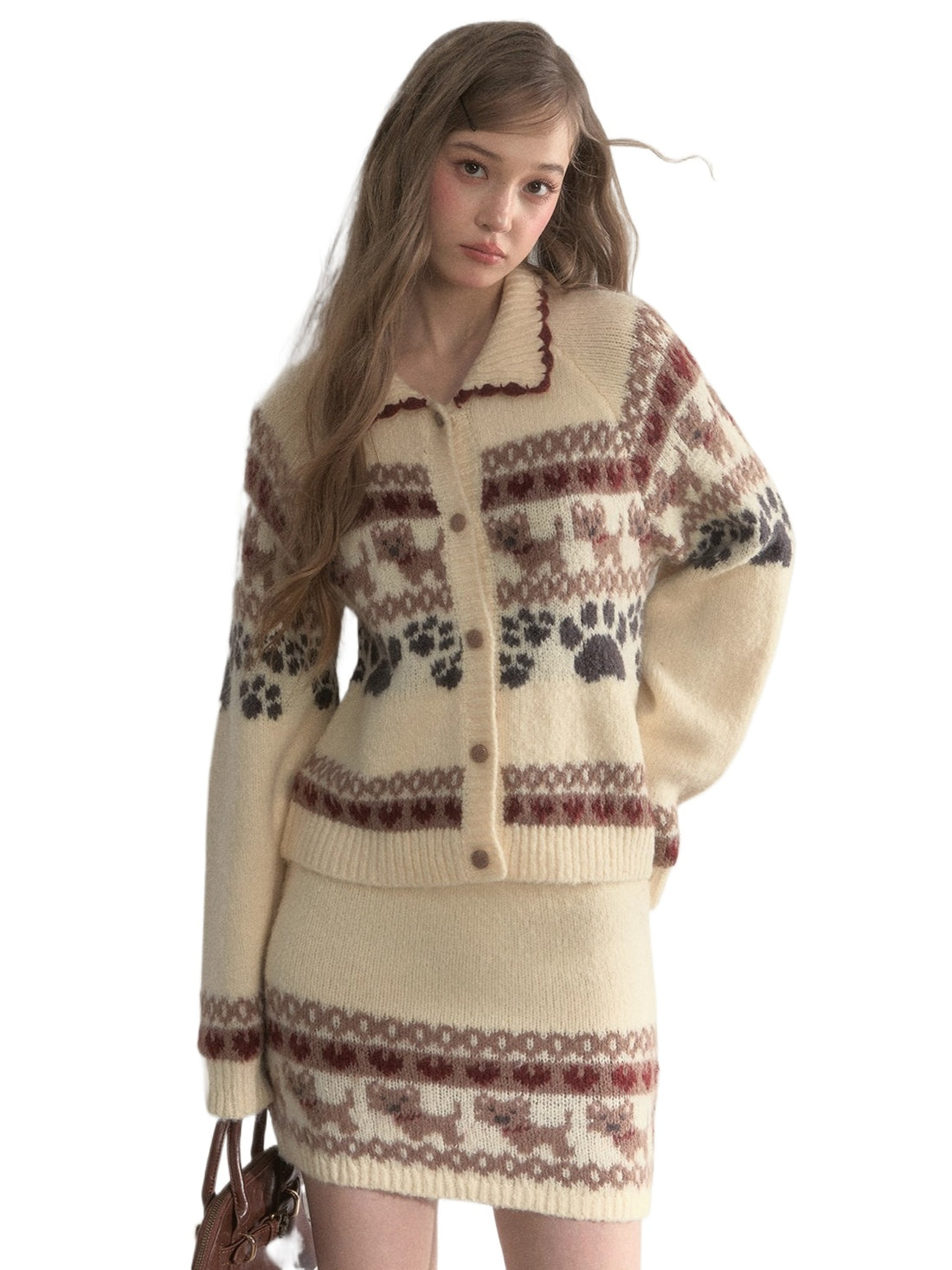 “Puppy Fair Isle” Vintage Knit Cardigan &amp; Skirt Set