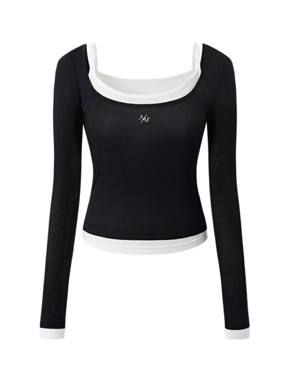 Color-block Two-piece Integrated Strap Layered T-shirt - CHINASQUAD