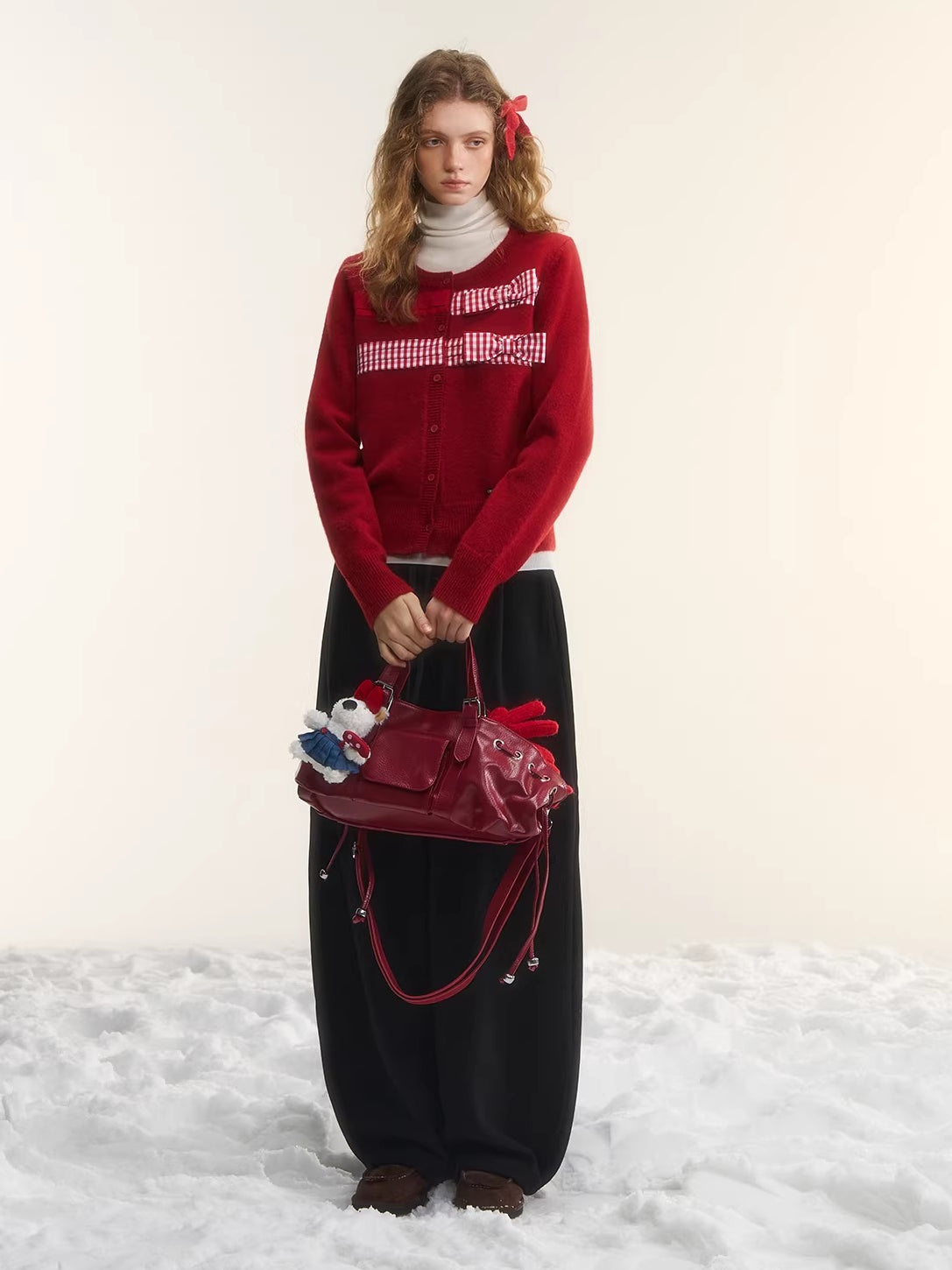 Vintage Checkered Patchwork Bow Knit Cardigan