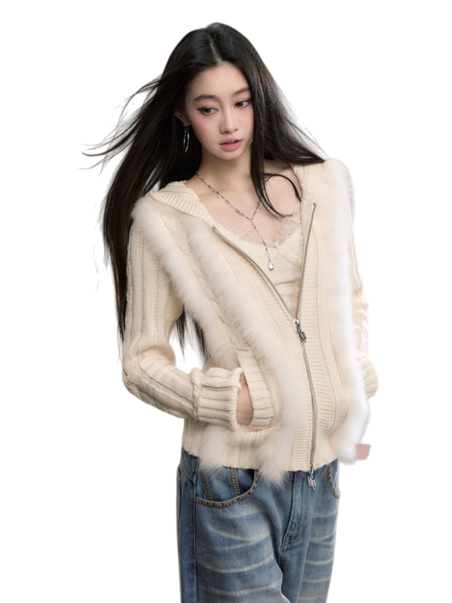 Fox Fur Trim Hooded Knit Cardigan