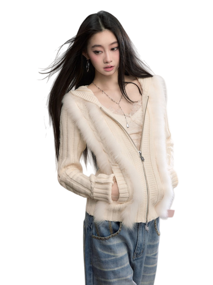 Fox Fur Trim Hooded Knit Cardigan