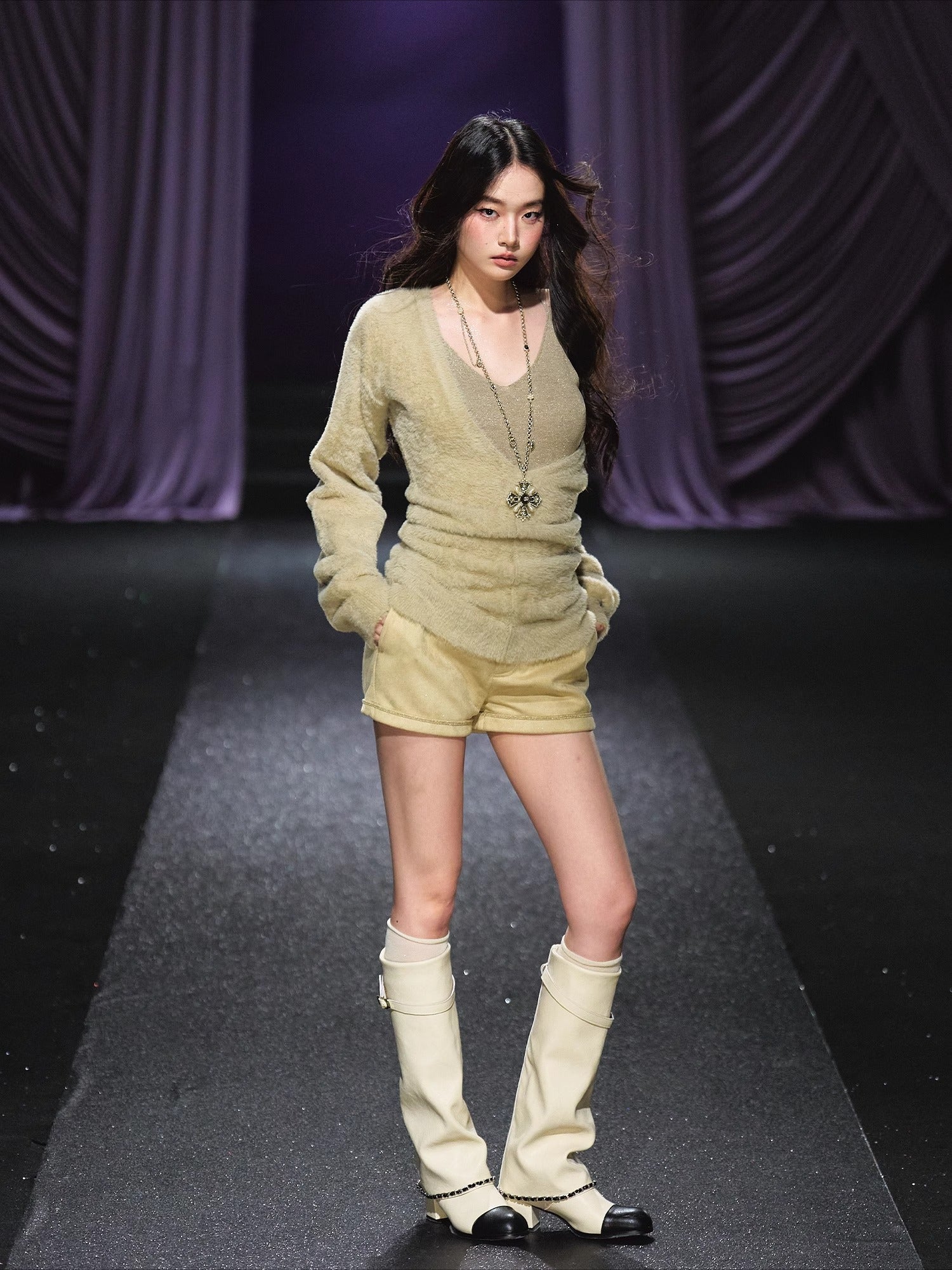 Shimmery Knit V-neck &amp; Camisole Two-Piece Set
