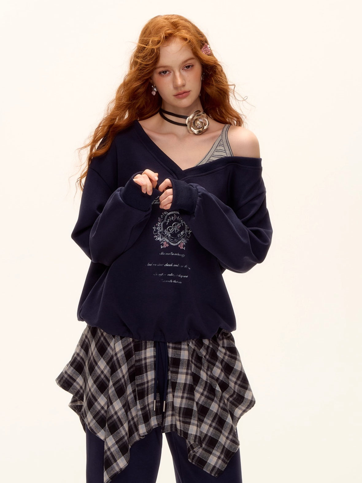 Asymmetric Shoulder Striped Fleece Tracksuit Set