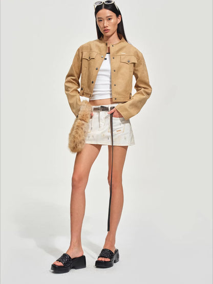 Soft Faux Suede Stand-Collar Cropped Jacket