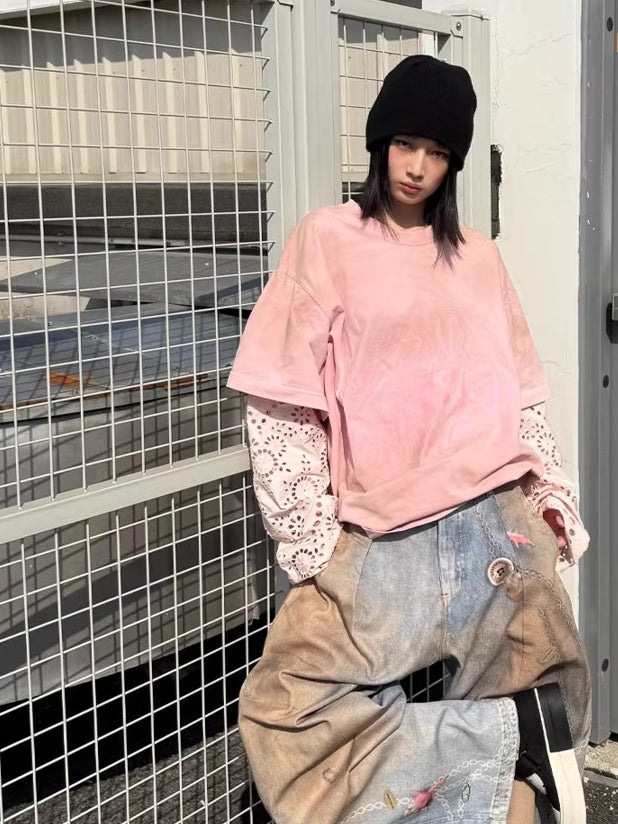 Lace-Panel Spray-Dyed Cotton T-Shirt