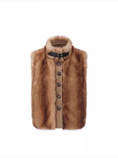 Detachable Sleeve Knit Eco-Fur Jacket