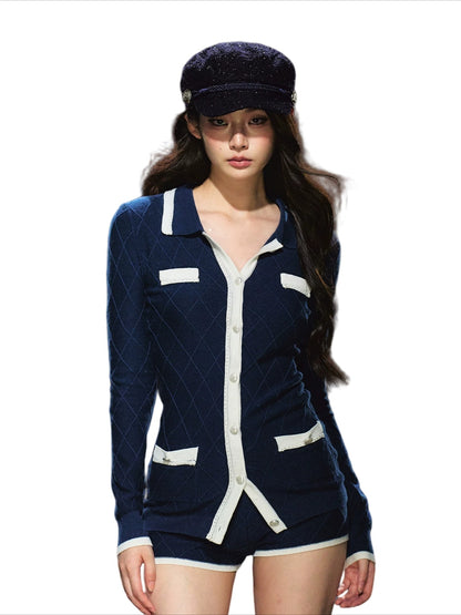Tweed-Style Diamond Knit Cardigan &amp; Shorts Set