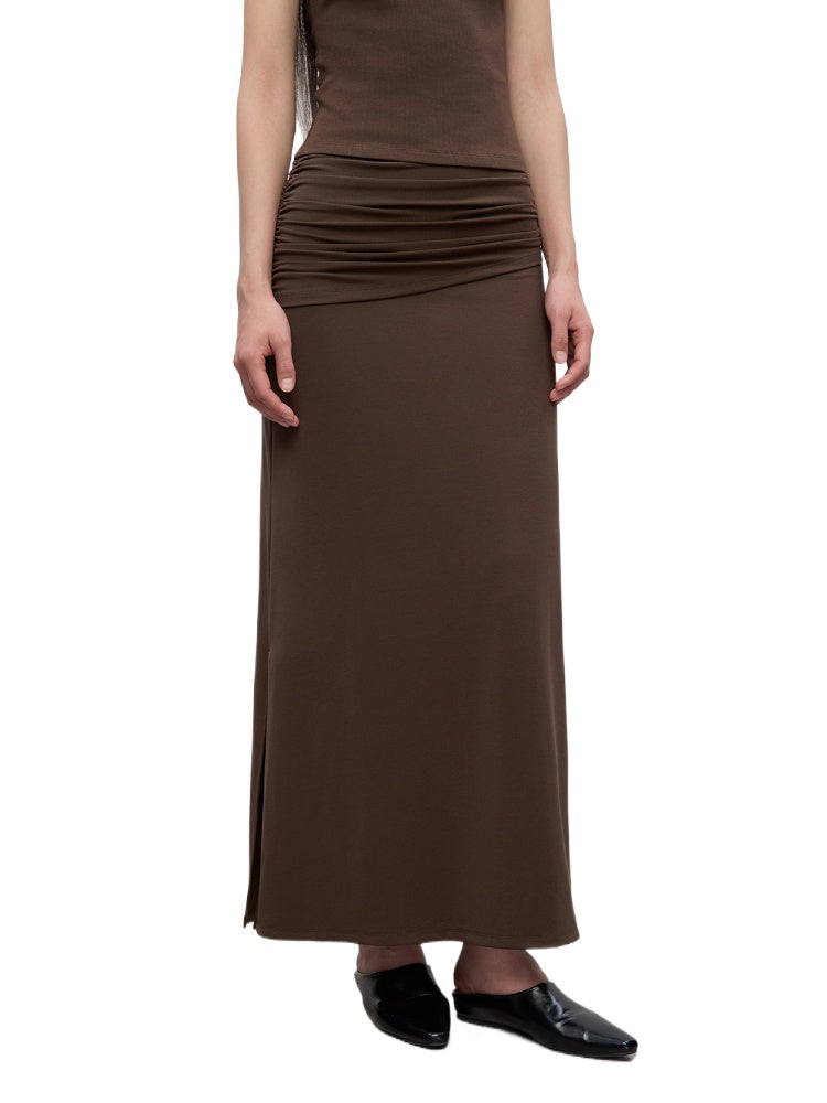Lyocell Pleated Mid-Low Waist Midi Skirt