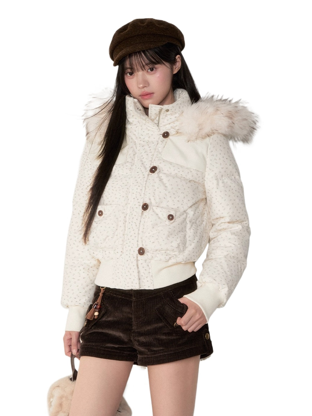 Fuzzy Plaid Down Faux Fur Collar Jacket