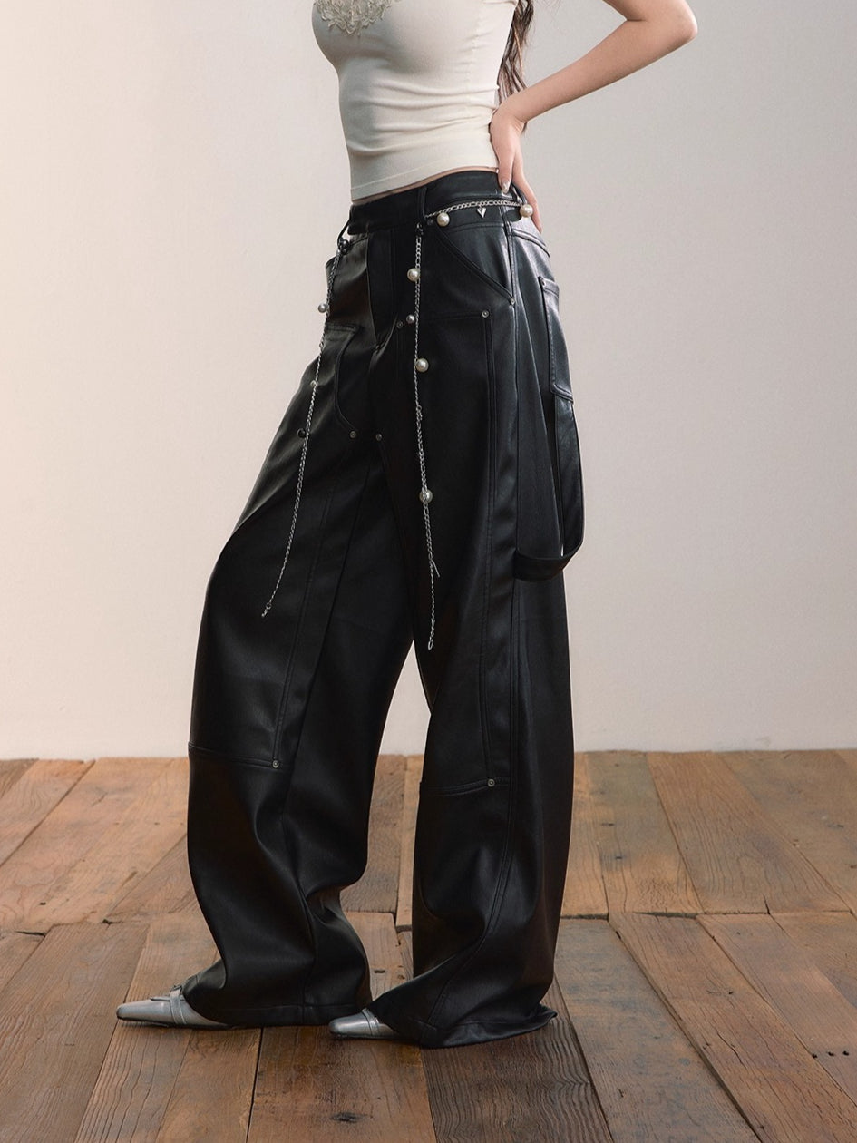 Gleam Rivet Strap PU Leather Pants