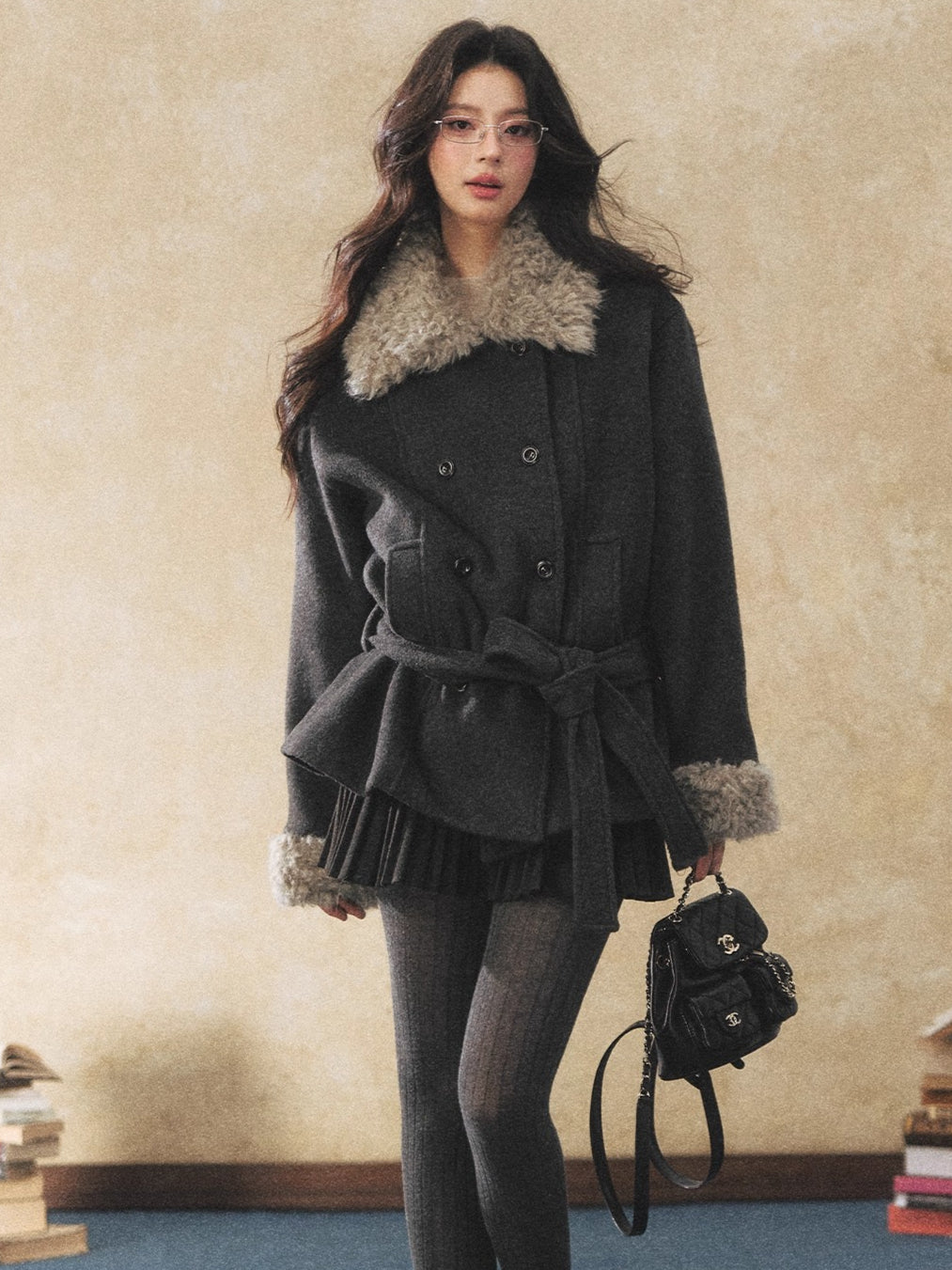 Fur Collar Tie-Waist Wool-Blend Jacket