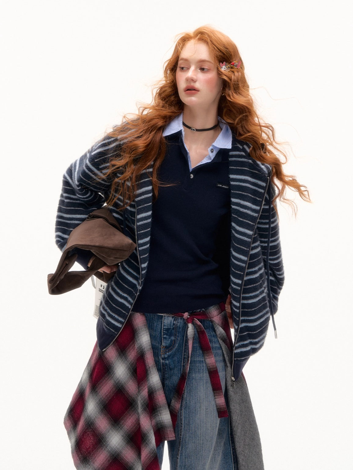 Striped Plush Cat-Ear Zip-up Hoodie