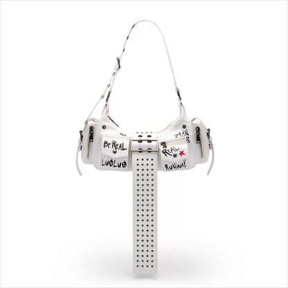 Graffiti-Print PU Cracked-Leather Bag