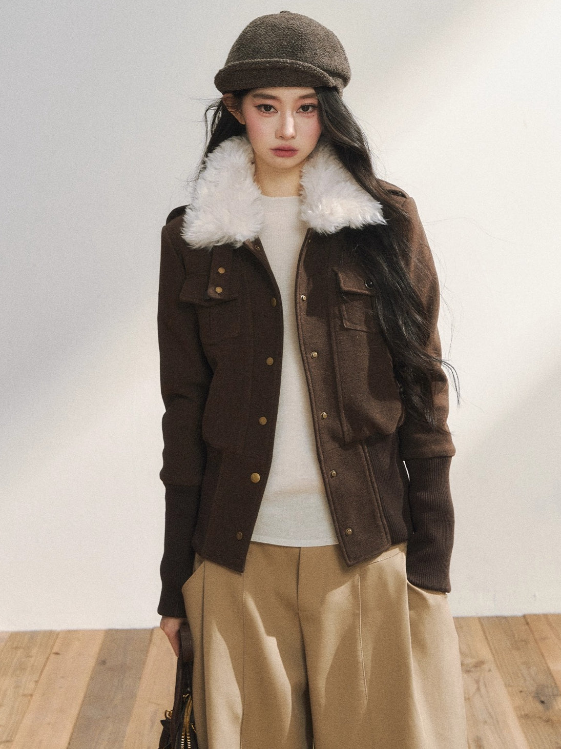 Vintage-Inspired Brown Fleece Lining Wool-Blend Jacket
