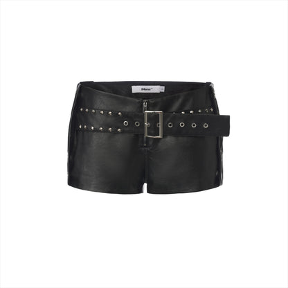 Layered Belt Studded Faux Leather Shorts