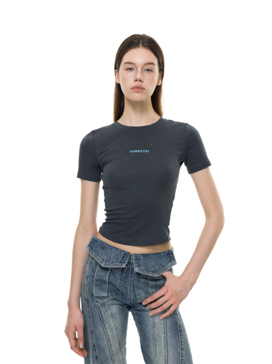 Letters Print Baby Tee In Gray