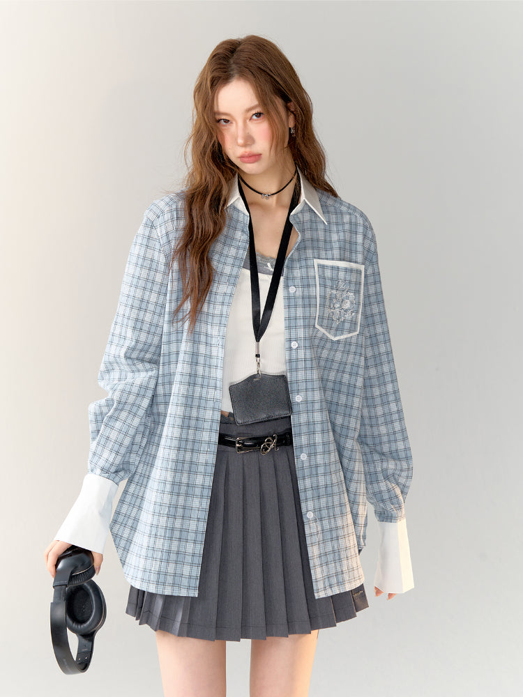 Color-block Blue Plaid Printed Shirt