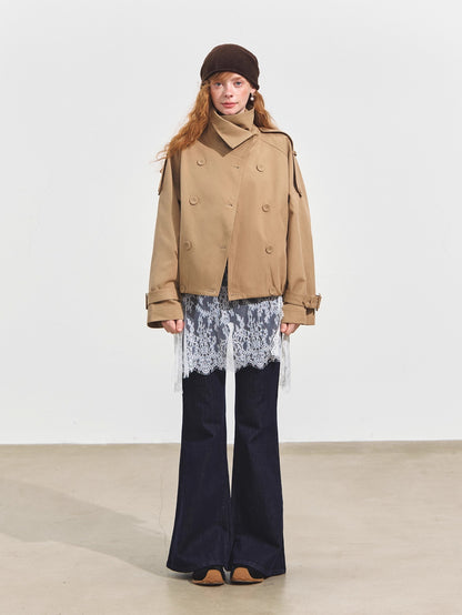 Stand Collar Double-Breasted Cropped Trench Coat