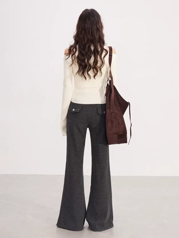 Bow Cable-Knit Vest Long-Sleeve Two-Piece Set