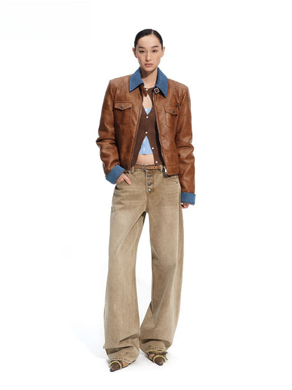 &quot;Rose Series&quot; Washed Twill Wide-Leg Denim Jeans