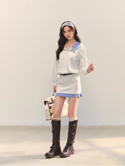Plaid Splicing Embroidery Hooded Dress